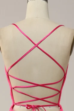 Hot Pink Mermaid Spaghetti Straps Sparkly Prom Dress with Sequins