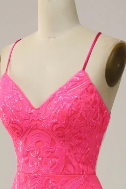 Hot Pink Mermaid Spaghetti Straps Sparkly Prom Dress with Sequins