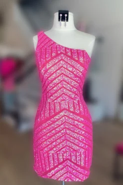 Hot Pink One Shoulder Sequins Tight Short Homecoming Dress