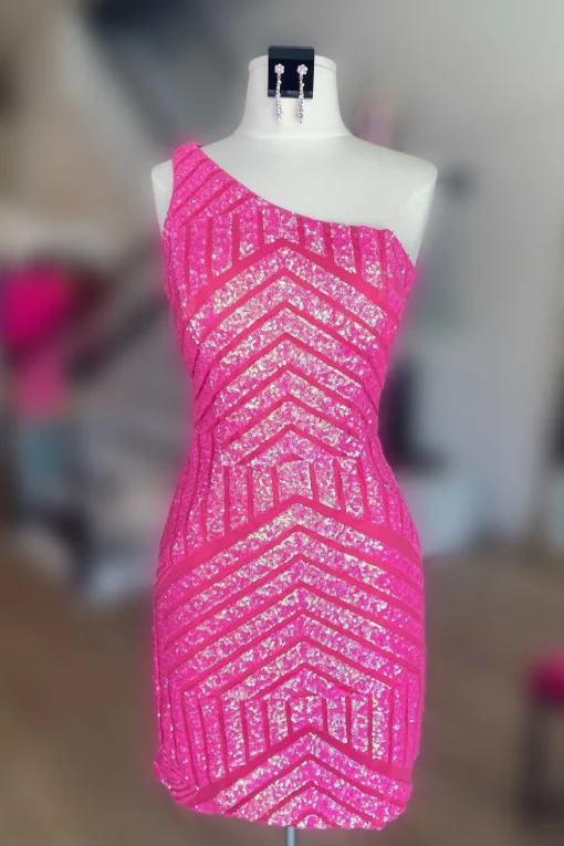 Hot Pink One Shoulder Sequins Tight Short Homecoming Dress
