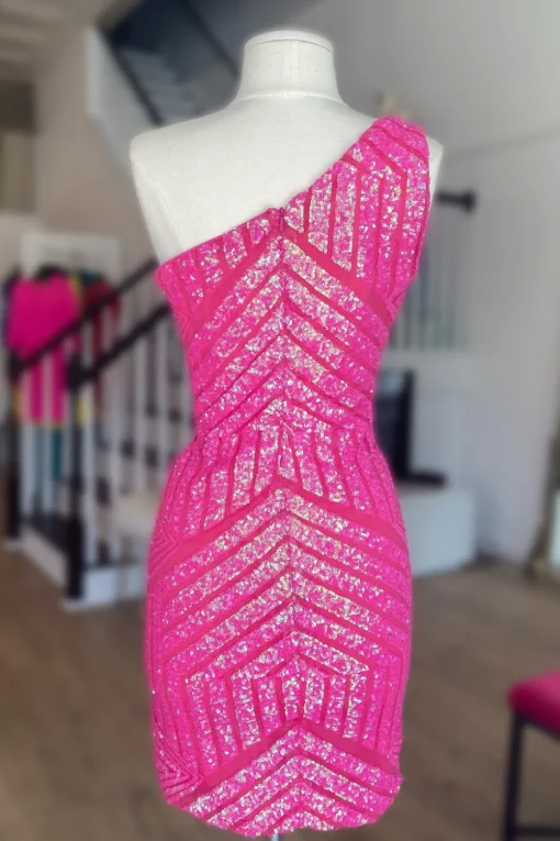 Hot Pink One Shoulder Sequins Tight Short Homecoming Dress