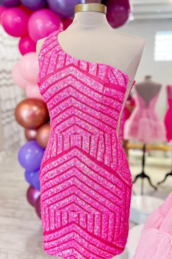 Hot Pink One Shoulder Sequins Tight Short Homecoming Dress