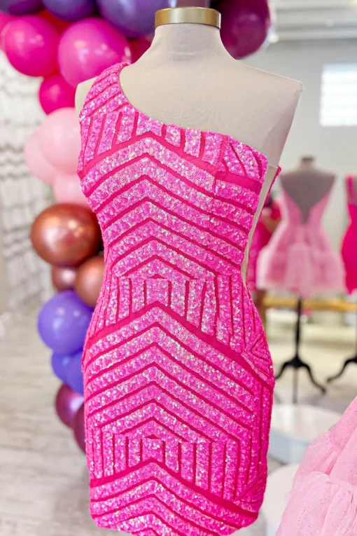 Hot Pink One Shoulder Sequins Tight Short Homecoming Dress