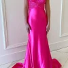 Hot Pink Sparkly Mermaid Pleated V Neck Prom Dress