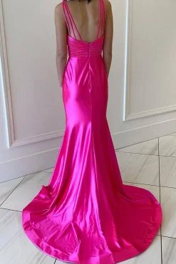 Hot Pink Sparkly Mermaid Pleated V Neck Prom Dress