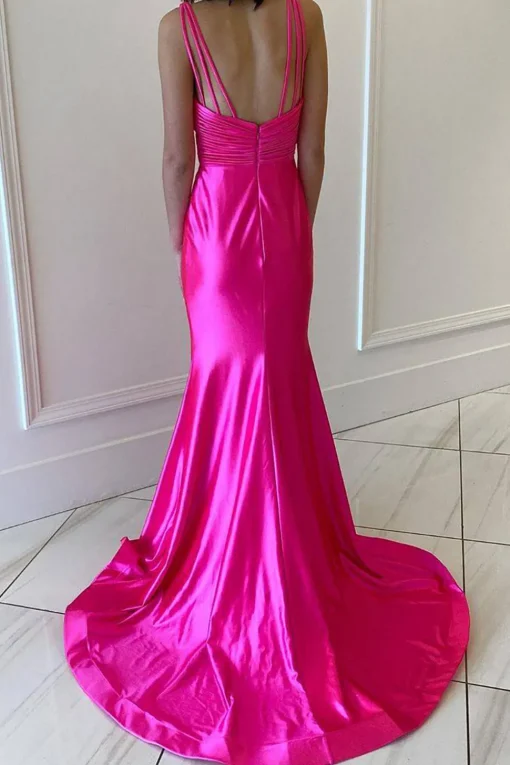 Hot Pink Sparkly Mermaid Pleated V Neck Prom Dress