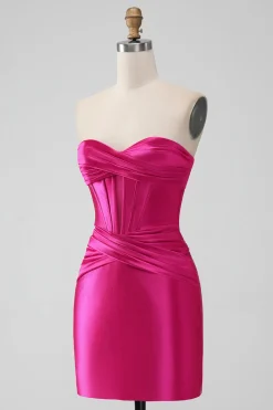 Hot Pink Strapless Corset Short Graduation Dress