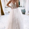 Ivory A-Line Backless Asymmetrical Tulle Long Wedding Dress with Lace