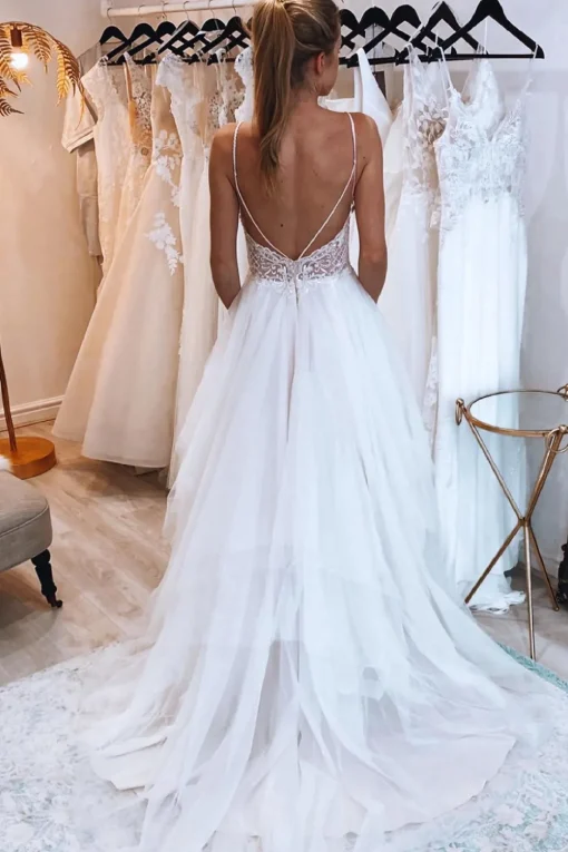 Ivory A-Line Backless Asymmetrical Tulle Long Wedding Dress with Lace