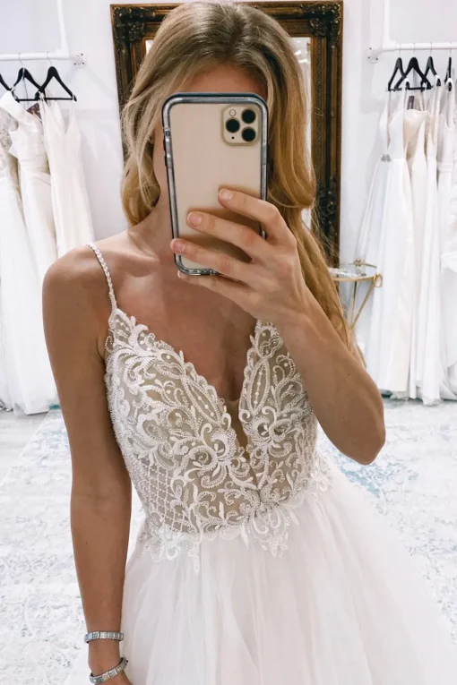 Ivory A-Line Backless Asymmetrical Tulle Long Wedding Dress with Lace