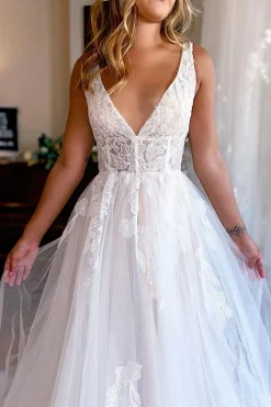 Ivory A-Line Deep V-Neck Backless Long Wedding Dress with Lace