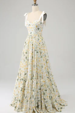 Ivory A-Line Floral Long Prom Dress