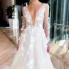 Ivory A-Line Illusion Deep V-Neck Long Sleeves Wedding Dress