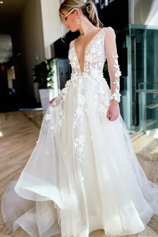 Ivory A-Line Illusion Deep V-Neck Long Sleeves Wedding Dress