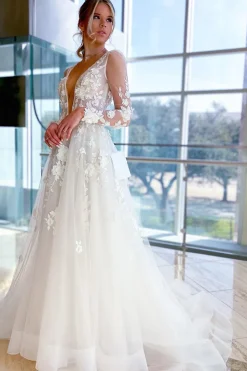 Ivory A-Line Illusion Deep V-Neck Long Sleeves Wedding Dress