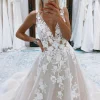 Ivory A-Line Ivory V-Neck Long Tulle Wedding Dress with Appliques