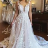 Ivory A-Line V-Neck Backless Long Lace Wedding Dress