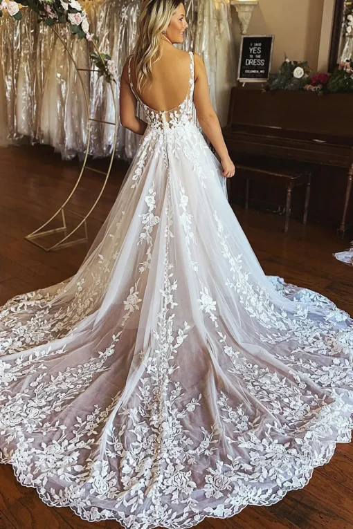 Ivory A-Line V-Neck Backless Long Lace Wedding Dress