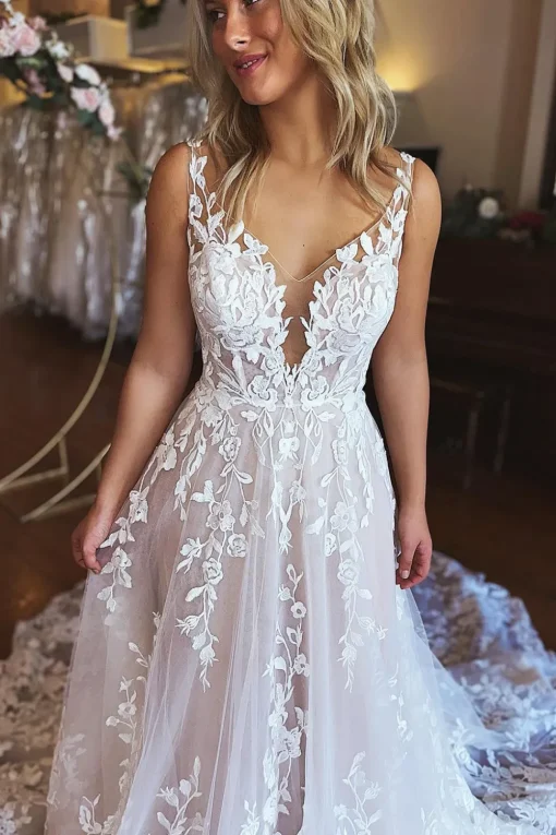 Ivory A-Line V-Neck Backless Long Lace Wedding Dress
