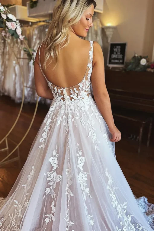 Ivory A-Line V-Neck Backless Long Lace Wedding Dress