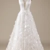 Ivory A-Line V-Neck Wedding Dress with 3D Flowers