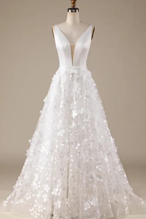 Ivory A-Line V-Neck Wedding Dress with 3D Flowers