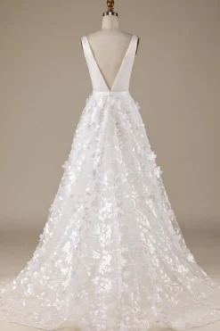 Ivory A-Line V-Neck Wedding Dress with 3D Flowers