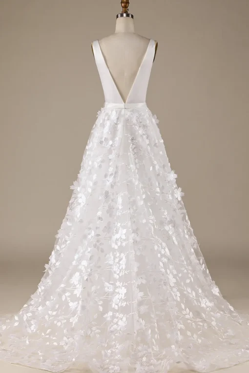 Ivory A-Line V-Neck Wedding Dress with 3D Flowers