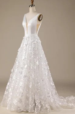 Ivory A-Line V-Neck Wedding Dress with 3D Flowers