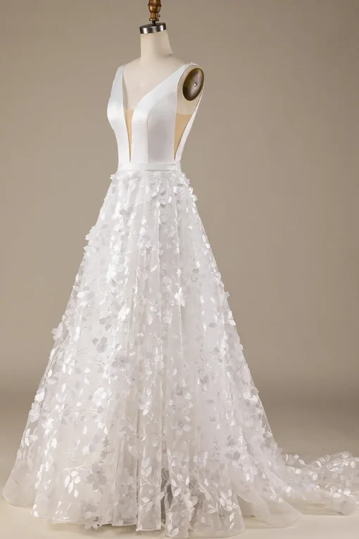 Ivory A-Line V-Neck Wedding Dress with 3D Flowers