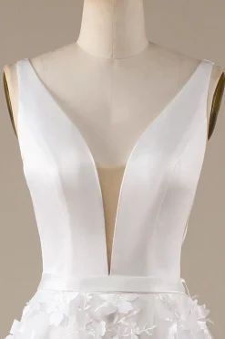 Ivory A-Line V-Neck Wedding Dress with 3D Flowers