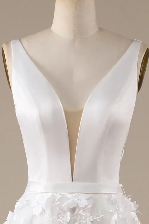 Ivory A-Line V-Neck Wedding Dress with 3D Flowers