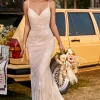 Ivory and Champagne Spaghetti Straps Mermaid Lace Beach Wedding Dress With Sweep Train