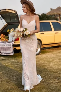 Ivory and Champagne Spaghetti Straps Mermaid Lace Beach Wedding Dress With Sweep Train