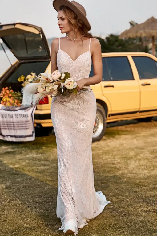 Ivory and Champagne Spaghetti Straps Mermaid Lace Beach Wedding Dress With Sweep Train