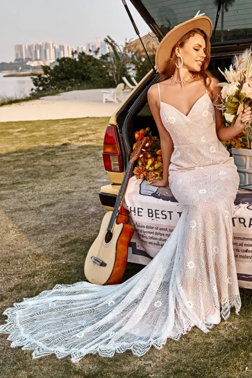 Ivory and Champagne Spaghetti Straps Mermaid Lace Beach Wedding Dress With Sweep Train