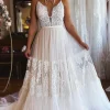 Ivory Boho A-Line Long Tulle Wedding Dress with Lace