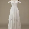 Ivory Boho Chiffon Asymmetrical Wedding Dress with Lace