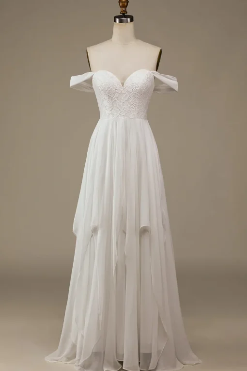 Ivory Boho Chiffon Asymmetrical Wedding Dress with Lace