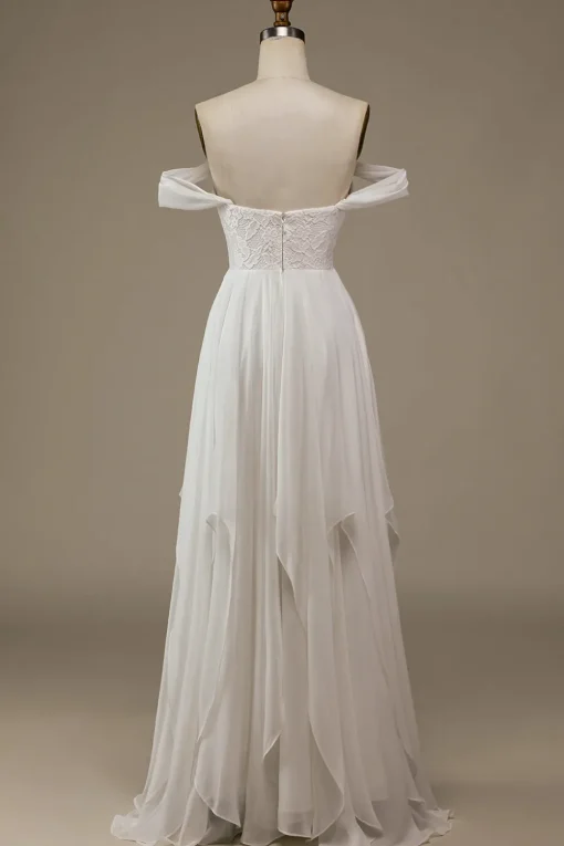 Ivory Boho Chiffon Asymmetrical Wedding Dress with Lace