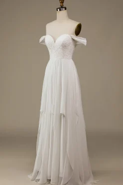 Ivory Boho Chiffon Asymmetrical Wedding Dress with Lace