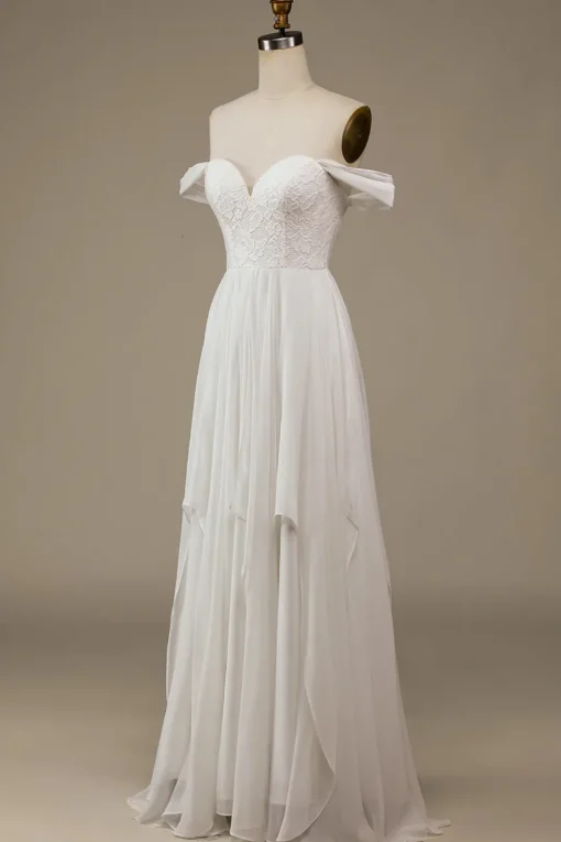 Ivory Boho Chiffon Asymmetrical Wedding Dress with Lace