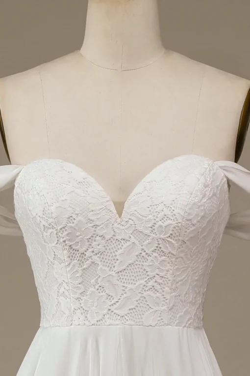 Ivory Boho Chiffon Asymmetrical Wedding Dress with Lace
