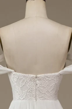 Ivory Boho Chiffon Asymmetrical Wedding Dress with Lace