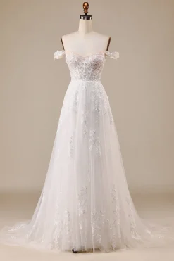 Ivory Detachable Off the Shoulder Corset Tulle Wedding Dress
