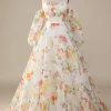 Ivory Floral A-Line Sweep Train Wedding Dress with Sleeves