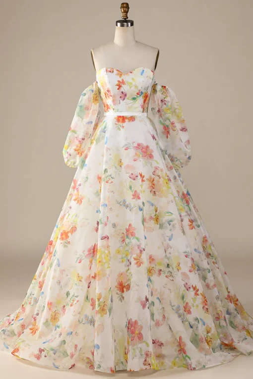 Ivory Floral A-Line Sweep Train Wedding Dress with Sleeves
