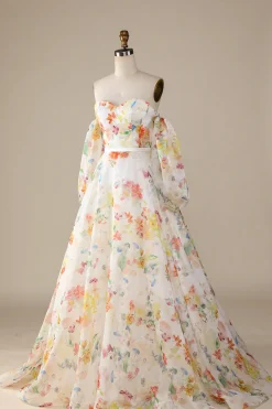 Ivory Floral A-Line Sweep Train Wedding Dress with Sleeves