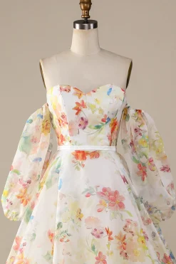 Ivory Floral A-Line Sweep Train Wedding Dress with Sleeves