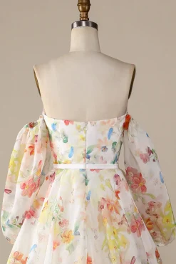 Ivory Floral A-Line Sweep Train Wedding Dress with Sleeves